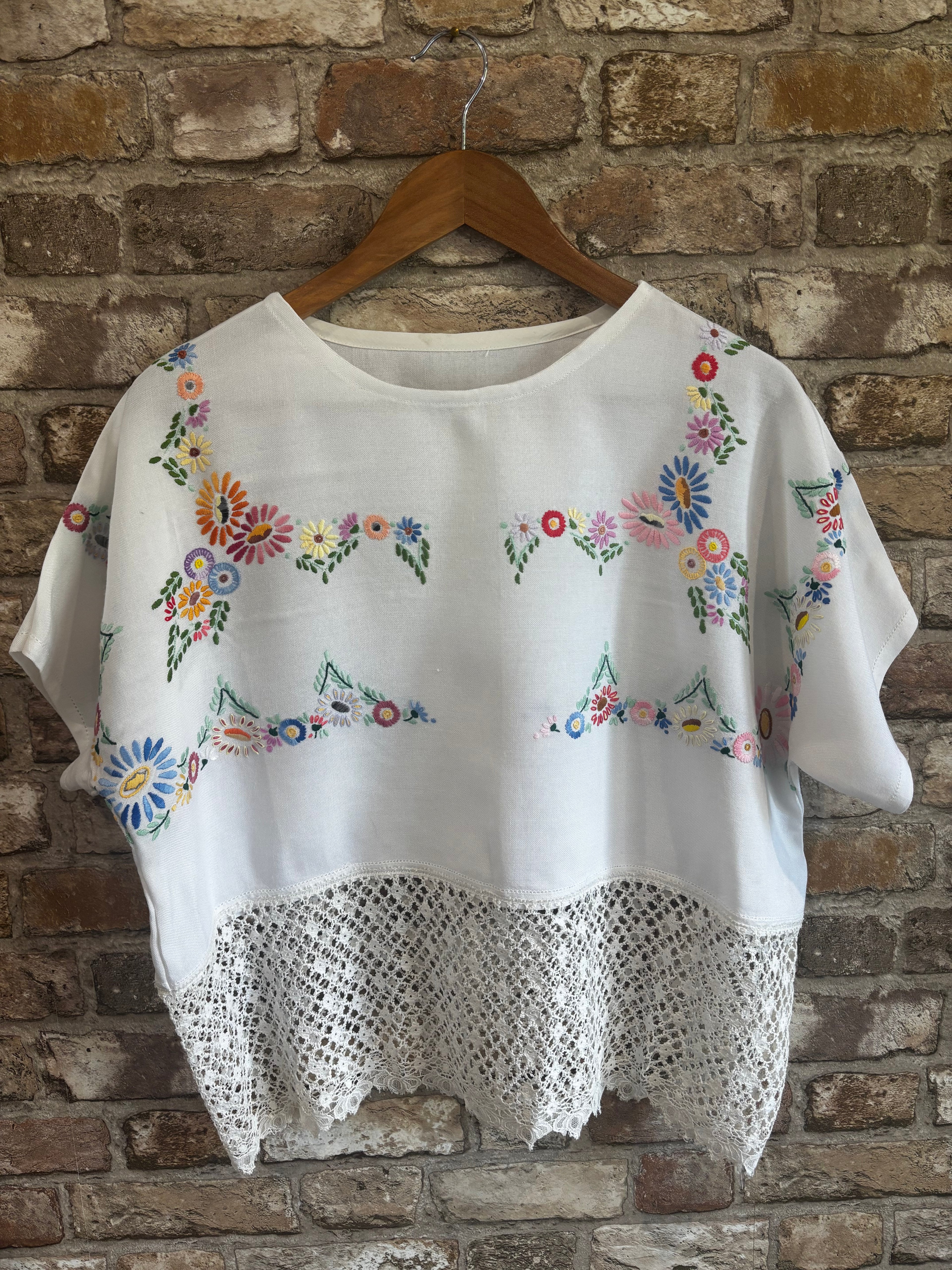 Embroidered Rayon Top with Lace Hem – One of a Kind