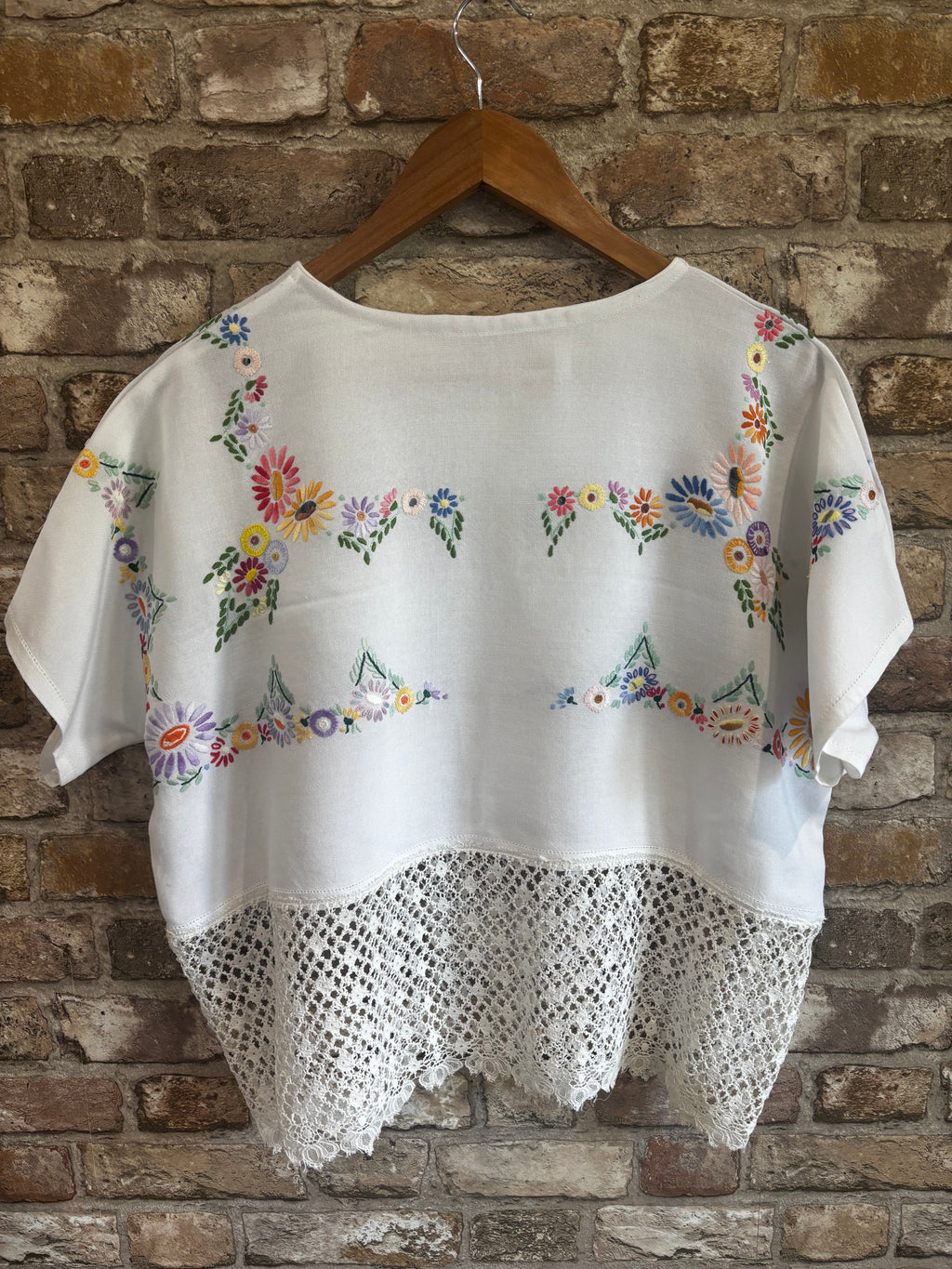 Embroidered Rayon Top with Lace Hem – One of a Kind