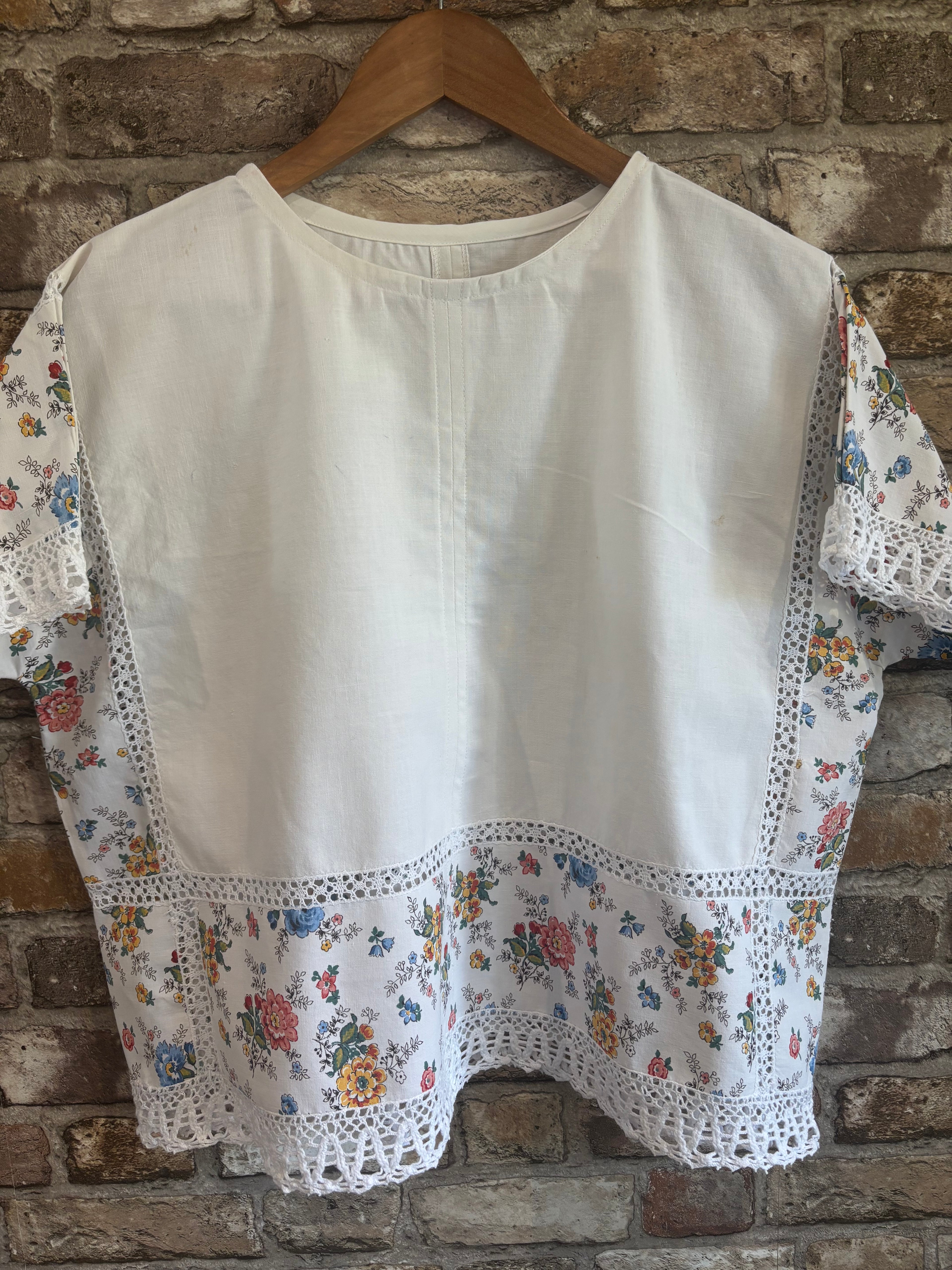 Vintage Tablecloth Top with Crochet Inserts – One of a Kind