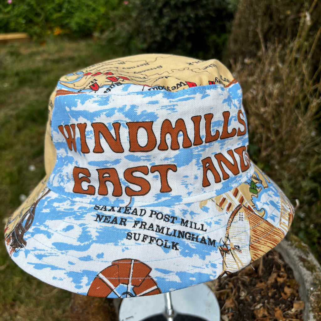 Windmills of East Anglia Upcycled Vintage Tea Towel Bucket Hat
