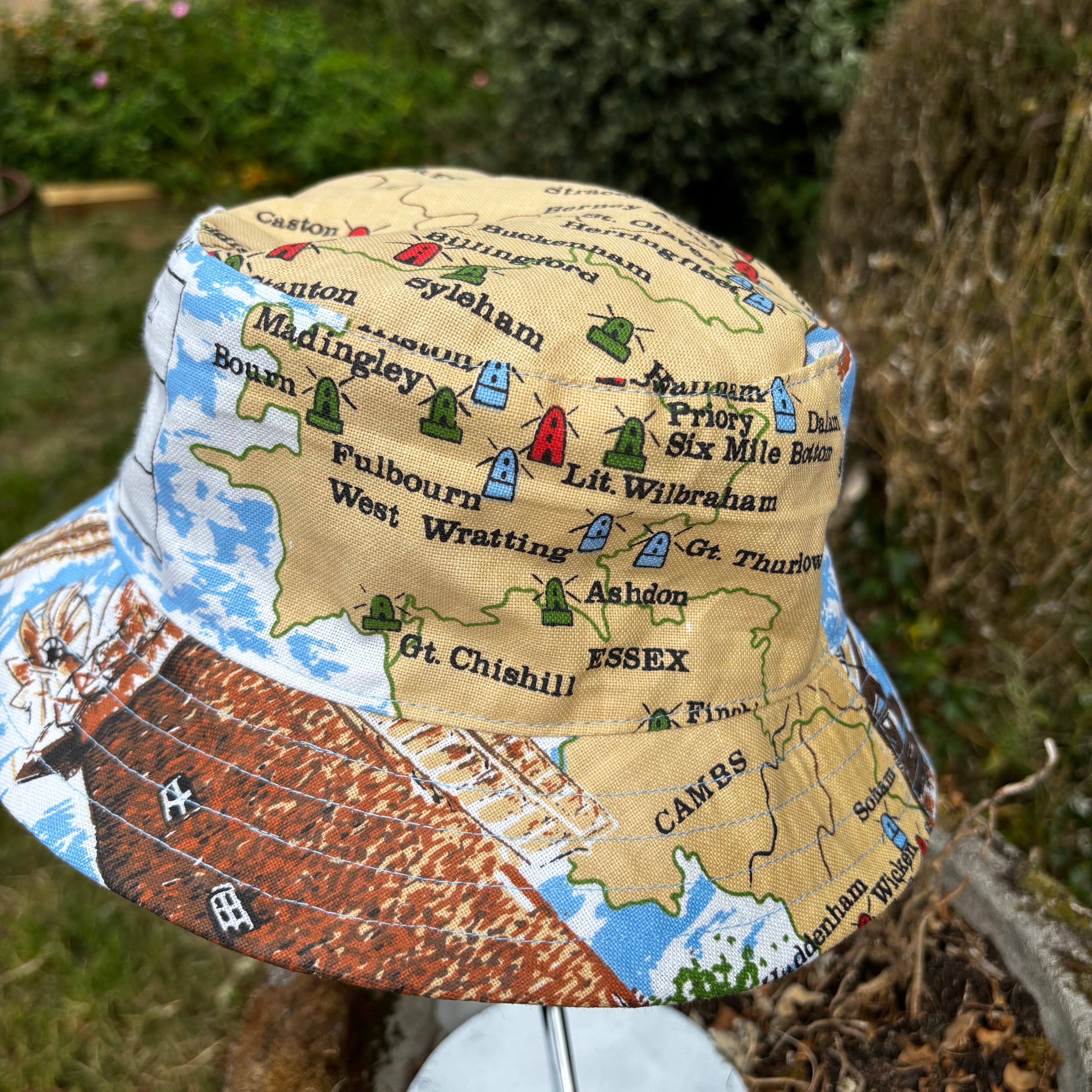 Windmills of East Anglia Upcycled Vintage Tea Towel Bucket Hat