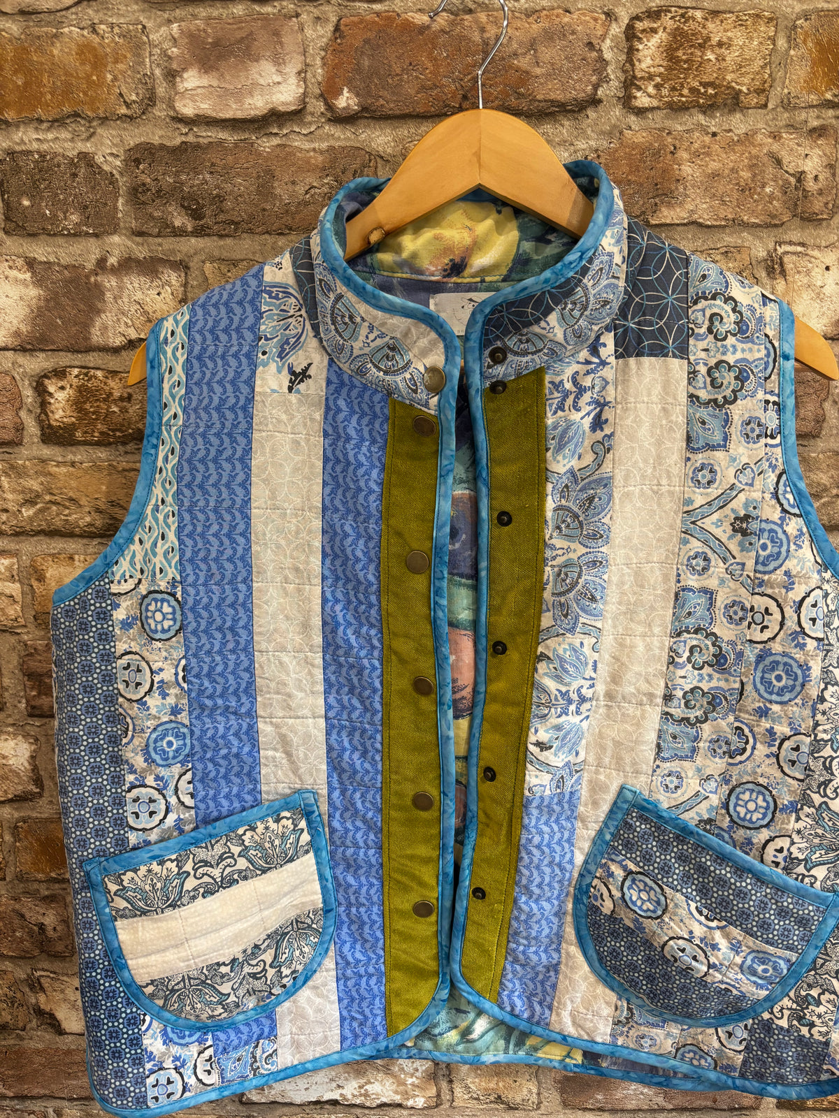 Hand Pieced Quilted Upcycled Gilet in Shades of Blue