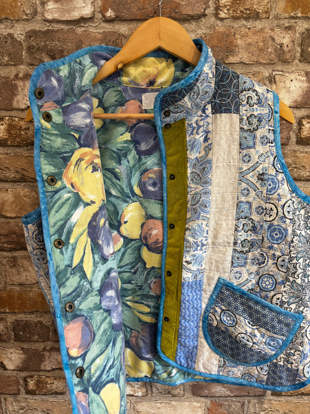Hand Pieced Quilted Upcycled Gilet in Shades of Blue