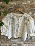Upcycled Puff Sleeve Tie Front Blouse