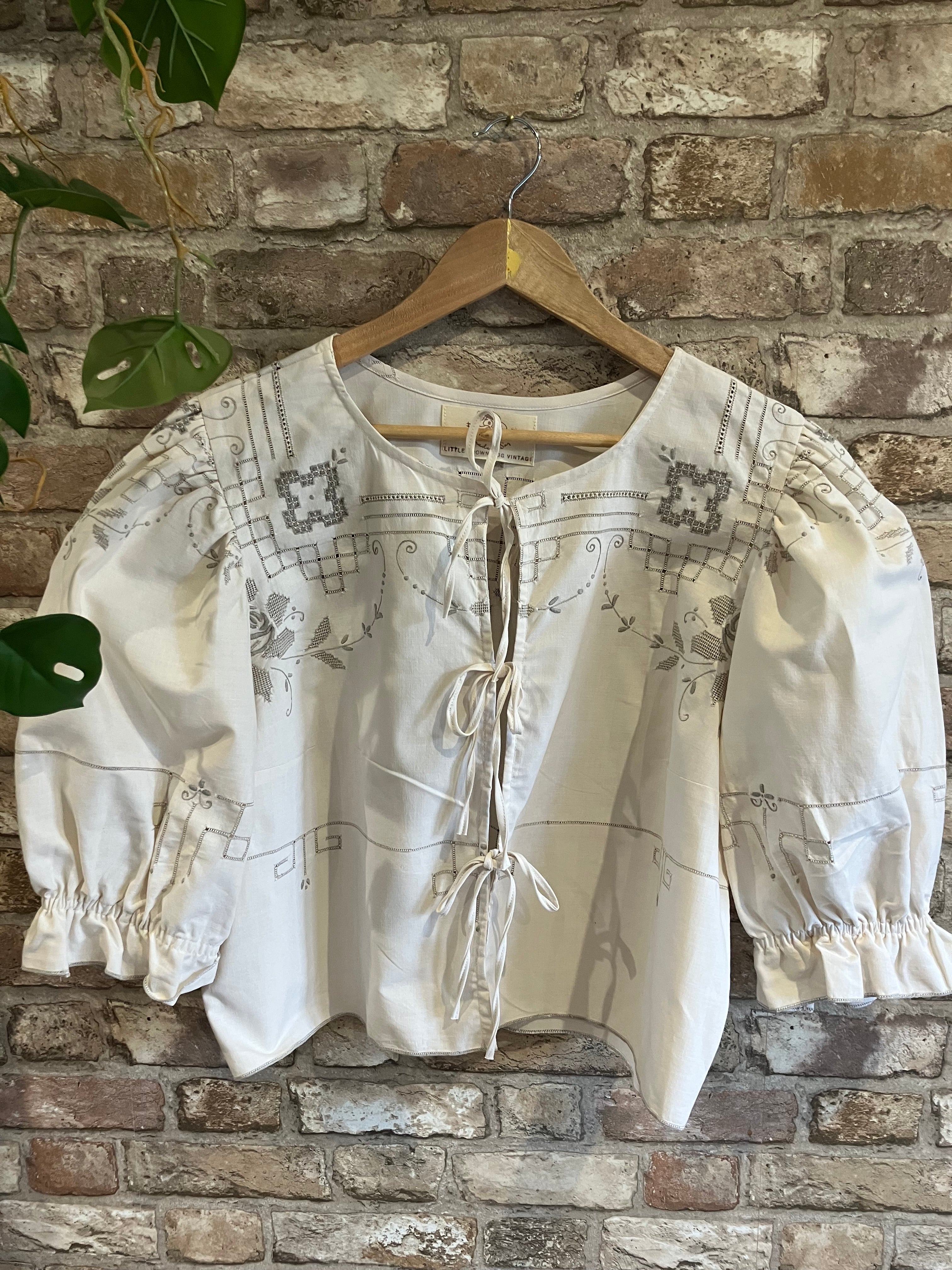 Upcycled Puff Sleeve Tie Front Blouse