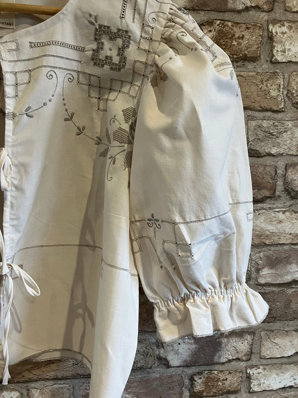 Upcycled Puff Sleeve Tie Front Blouse