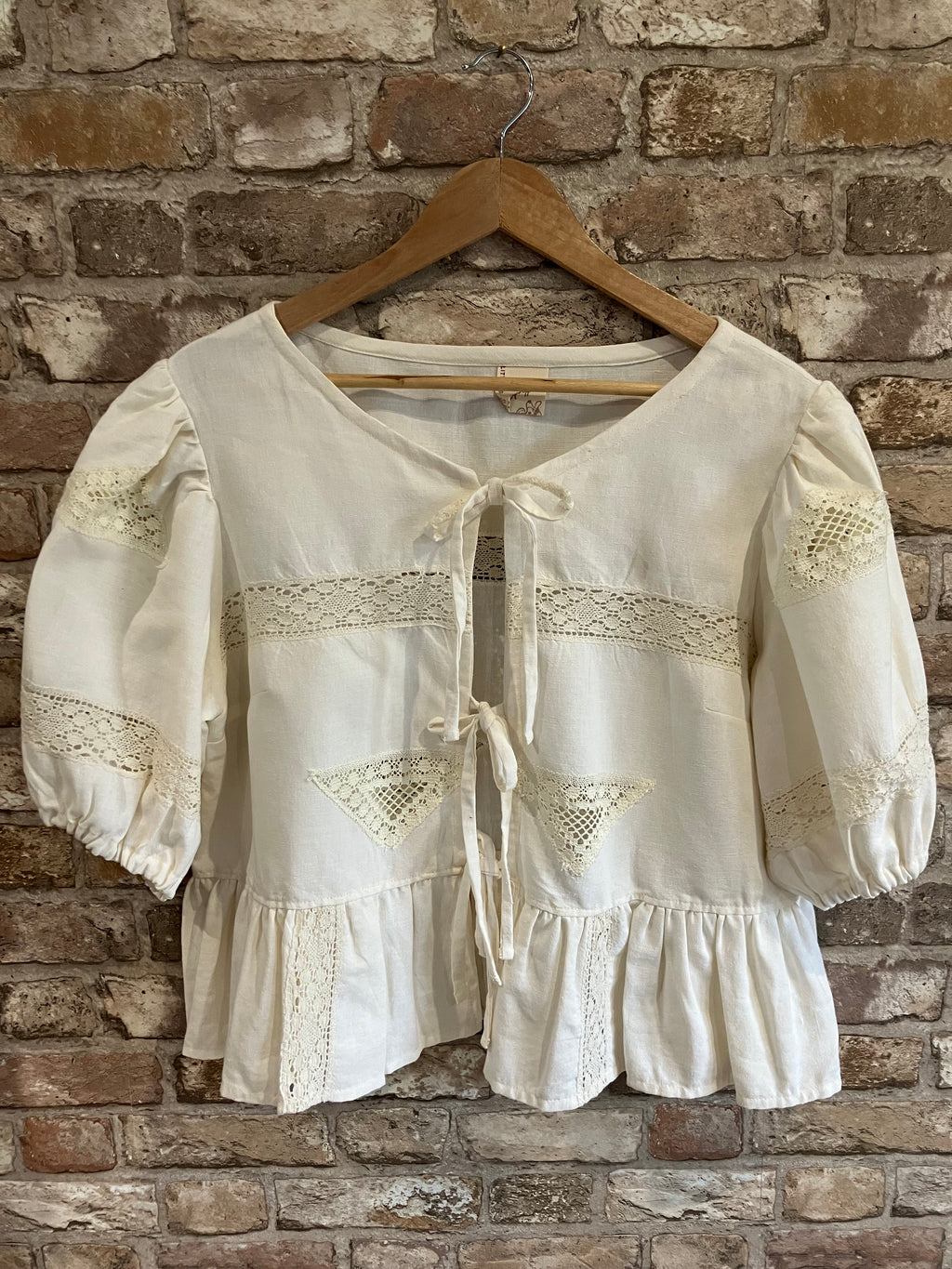 Upcycled One of a Kind Puff Sleeve Tie Front Peplum Blouse